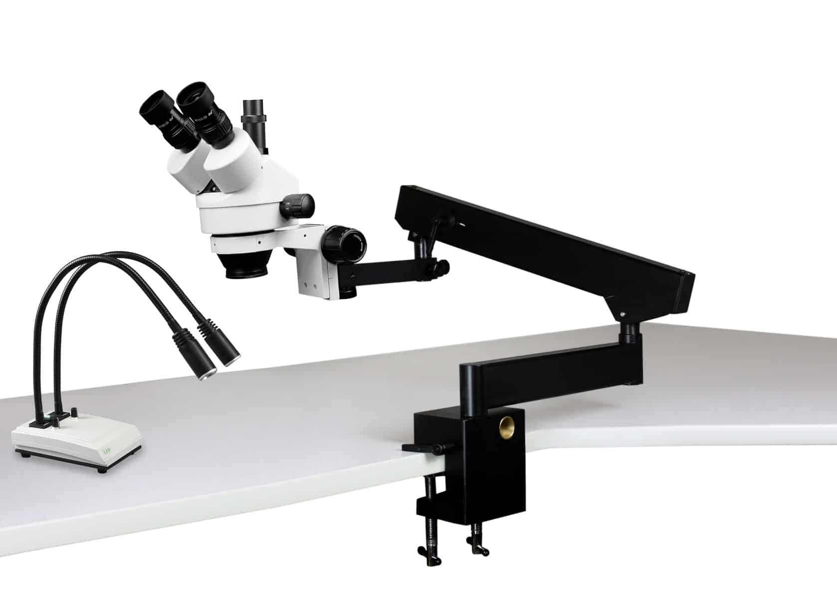 WP-7F-IHL20 Simul-Focal Trinocular Zoom Stereo Microscope - 0.7X - 4.5X Zoom Range, Dual Gooseneck LED Light