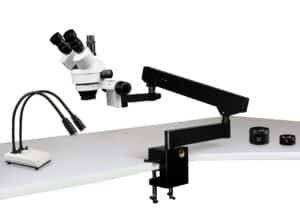 WP-7FZ-IHL20 Simul-Focal Trinocular Zoom Stereo Microscope - 0.7X - 4.5X Zoom Range, 0.5X & 2.0X Auxiliary Lenses, Dual Gooseneck LED Light