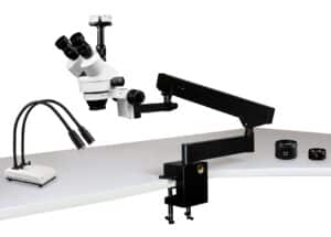 WP-7FZ-IHL20-10N Simul-Focal Trinocular Zoom Stereo Microscope - 0.7X - 4.5X Zoom Range, 0.5X & 2.0X Auxiliary Lenses, Dual Gooseneck LED Light, 10MP Digital Eyepiece Camera
