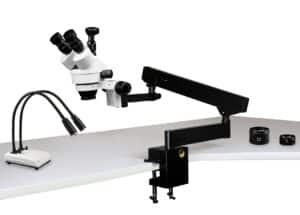 WP-7FZ-IHL20-3N Simul-Focal Trinocular Zoom Stereo Microscope - 0.7X - 4.5X Zoom Range, 0.5X & 2.0X Auxiliary Lenses, Dual Gooseneck LED Light, 3MP Digital Eyepiece Camera