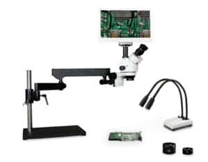 WP-9FZ-IHL20-RET11.6 Simul-Focal Trinocular Zoom Stereo Microscope - 0.7X - 4.5X Zoom Range, 0.5X & 2.0X Auxiliary Lenses, Dual Gooseneck LED Light, 11.6" HD Retina Screen With 5MP Camera
