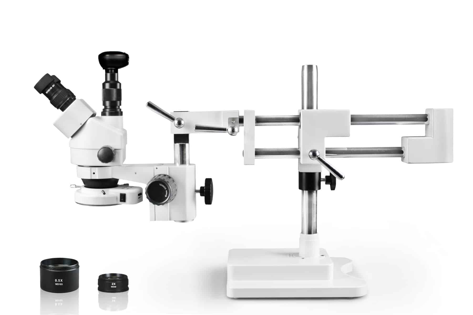 WP-5FZ-IFR07-3N Simul-Focal Trinocular Zoom Stereo Microscope - 0.7X - 4.5X Zoom Range, 0.5X & 2.0X Auxiliary Lenses, 144-LED Ring Light, 3MP Digital Eyepiece Camera