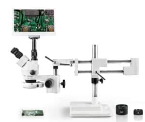 WP-5FZ-IFR07-RET11.6 Simul-Focal Trinocular Zoom Stereo Microscope - 0.7X - 4.5X Zoom Range, 0.5X & 2.0X Auxiliary Lenses, 144-LED Ring Light, 11.6" HD Retina Screen With 5MP Camera