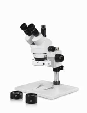 WP-1AFZ-IFR07 Simul-Focal Trinocular Zoom Stereo Microscope - 0.7X-4.5X Zoom Range, 0.5X & 2.0X Auxiliary Lenses, 144-LED Ring Light
