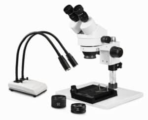 WP-1AEZ-IHL20-MS Binocular Zoom Stereo Microscope - 0.7X-4.5X Zoom Range, 0.5X & 2.0X Auxiliary Lenses, Mechanical Stage, Dual Gooseneck LED Light
