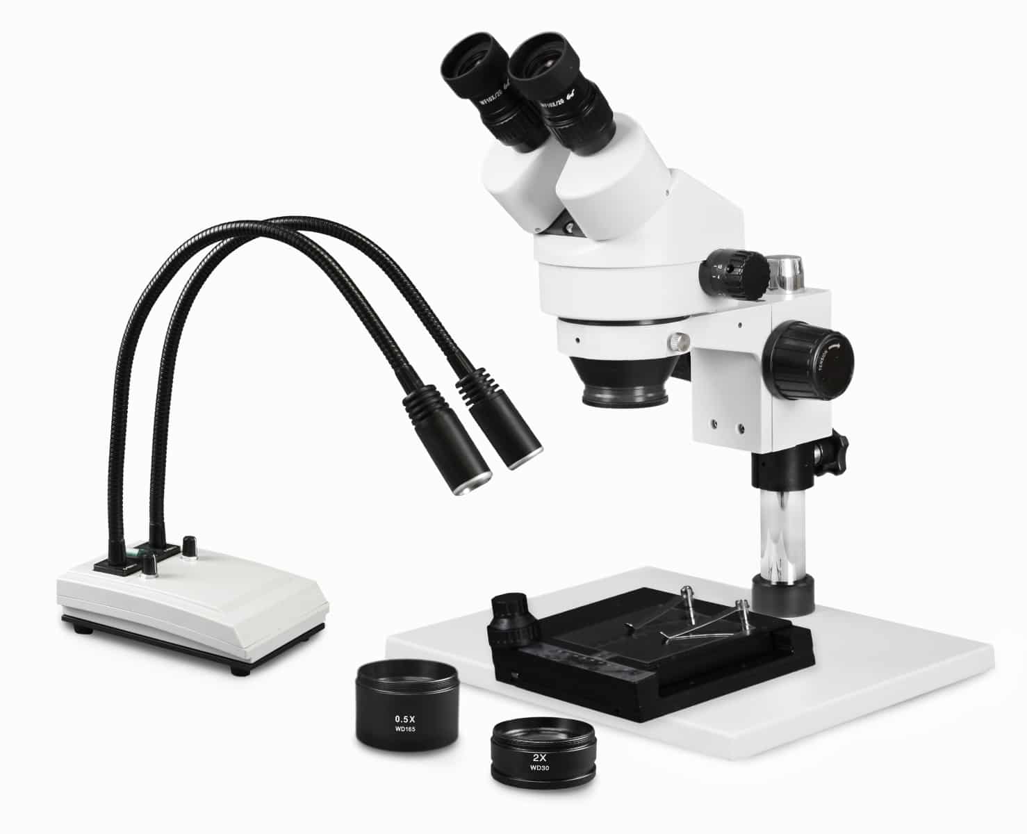 WP-1AEZ-IHL20-MS Binocular Zoom Stereo Microscope - 0.7X-4.5X Zoom Range, 0.5X & 2.0X Auxiliary Lenses, Mechanical Stage, Dual Gooseneck LED Light
