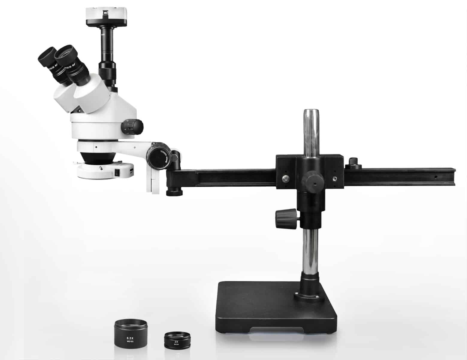 WP-2AFZ-IFR07-10N Simul-Focal Trinocular Zoom Stereo Microscope - 0.7X-4.5X Zoom Range, 0.5X & 2.0X Auxiliary Lenses, 144-LED Ring Light, 10MP Digital Eyepiece Camera