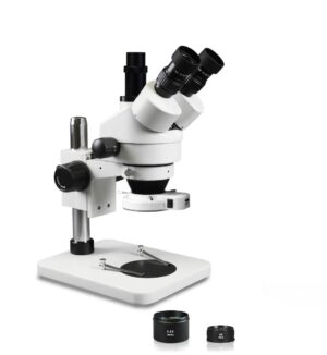 WP-1FZ-IFR07 Simul-Focal Trinocular Zoom Stereo Microscope - 0.7X-4.5X Zoom Range, 0.5X & 2.0X Auxiliary Lenses, 144-LED Ring Light