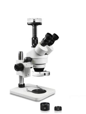 WP-1FZ-IFR07-10N Simul-Focal Trinocular Zoom Stereo Microscope - 0.7X-4.5X Zoom Range, 0.5X & 2.0X Auxiliary Lenses, 144-LED Ring Light, 10MP Digital Eyepiece Camera