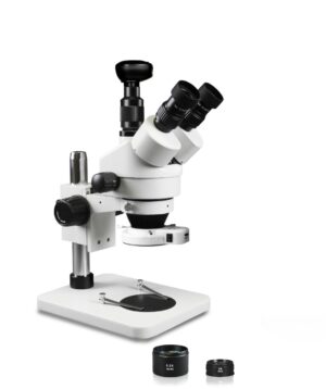 WP-1FZ-IFR07-3N Simul-Focal Trinocular Zoom Stereo Microscope - 0.7X-4.5X Zoom Range, 0.5X & 2.0X Auxiliary Lenses, 144-LED Ring Light, 3MP Digital Eyepiece Camera