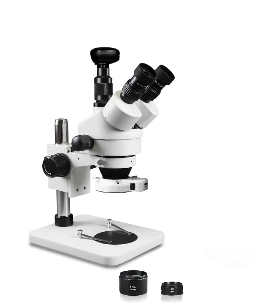 WP-1FZ-IFR07-3N Simul-Focal Trinocular Zoom Stereo Microscope - 0.7X-4.5X Zoom Range, 0.5X & 2.0X Auxiliary Lenses, 144-LED Ring Light, 3MP Digital Eyepiece Camera