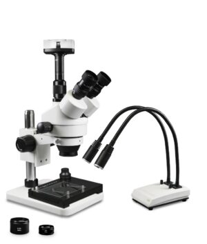 WP-1FZ-IHL20-10N-MS Simul-Focal Trinocular Zoom Stereo Microscope - 0.7X-4.5X Zoom Range, 0.5X & 2.0X Auxiliary Lenses, Dual Gooseneck LED Light, 10MP Digital Eyepiece Camera, Mechanical Stage