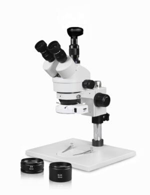 WP-1AFZ-IFR07-3N Simul-Focal Trinocular Zoom Stereo Microscope - 0.7X-4.5X Zoom Range, 0.5X & 2.0X Auxiliary Lenses, 144-LED Ring Light, 3MP Digital Eyepiece Camera