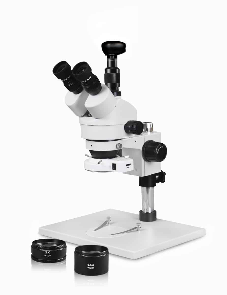 WP-1AFZ-IFR07-3N Simul-Focal Trinocular Zoom Stereo Microscope - 0.7X-4.5X Zoom Range, 0.5X & 2.0X Auxiliary Lenses, 144-LED Ring Light, 3MP Digital Eyepiece Camera