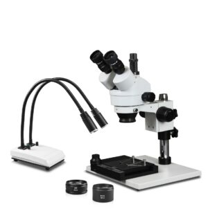 WP-1AFZ-IHL20-MS Simul-Focal Trinocular Zoom Stereo Microscope - 0.7X-4.5X Zoom Range, 0.5X & 2.0X Auxiliary Lenses, Mechanical Stage, Dual Gooseneck LED Light