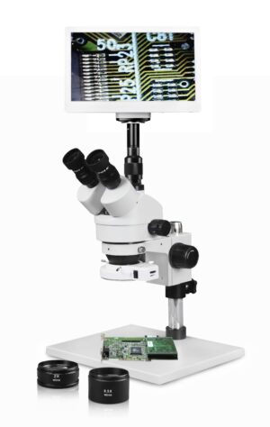WP-1AFZ-IFR07-RET11.6 Simul-Focal Trinocular Zoom Stereo Microscope - 0.7X-4.5X Zoom Range, 0.5X & 2.0X Auxiliary Lenses, 144-LED Ring Light, 11.6" HD Retina Screen With 5MP Camera
