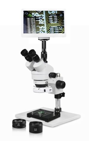 WP-1AFZ-IFR07-RET11.6-MS Simul-Focal Trinocular Zoom Stereo Microscope - 0.7X-4.5X Zoom Range, 0.5X & 2.0X Auxiliary Lenses, Mechanical Stage, 144-LED Ring Light, 11.6" HD Retina Screen With 5MP Camera