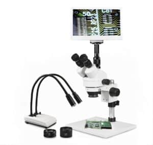 WP-1AFZ-IHL20-RET11.6 Simul-Focal Trinocular Zoom Stereo Microscope - 0.7X-4.5X Zoom Range, 0.5X & 2.0X Auxiliary Lenses, Dual Gooseneck LED Light, 11.6" HD Retina Screen With 5MP Camera