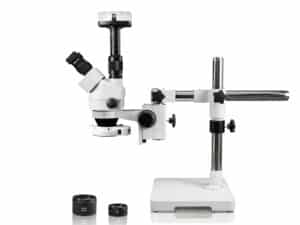 WP-3FZ-IFR07-10N Simul-Focal Trinocular Zoom Stereo Microscope - 0.7X - 4.5X Zoom Range, 0.5X & 2.0X Auxiliary Lenses, 144-LED Ring Light, 10MP Digital Eyepiece Camera