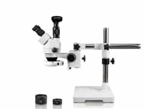 WP-3FZ-IFR07-3N Simul-Focal Trinocular Zoom Stereo Microscope - 0.7X - 4.5X Zoom Range, 0.5X & 2.0X Auxiliary Lenses, 144-LED Ring Light, 3MP Digital Eyepiece Camera