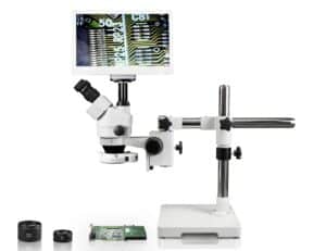 WP-3FZ-IFR07-RET11.6 Simul-Focal Trinocular Zoom Stereo Microscope - 0.7X - 4.5X Zoom Range, 0.5X & 2.0X Auxiliary Lenses, 144-LED Ring Light, 11.6" HD Retina Screen With 5MP Camera
