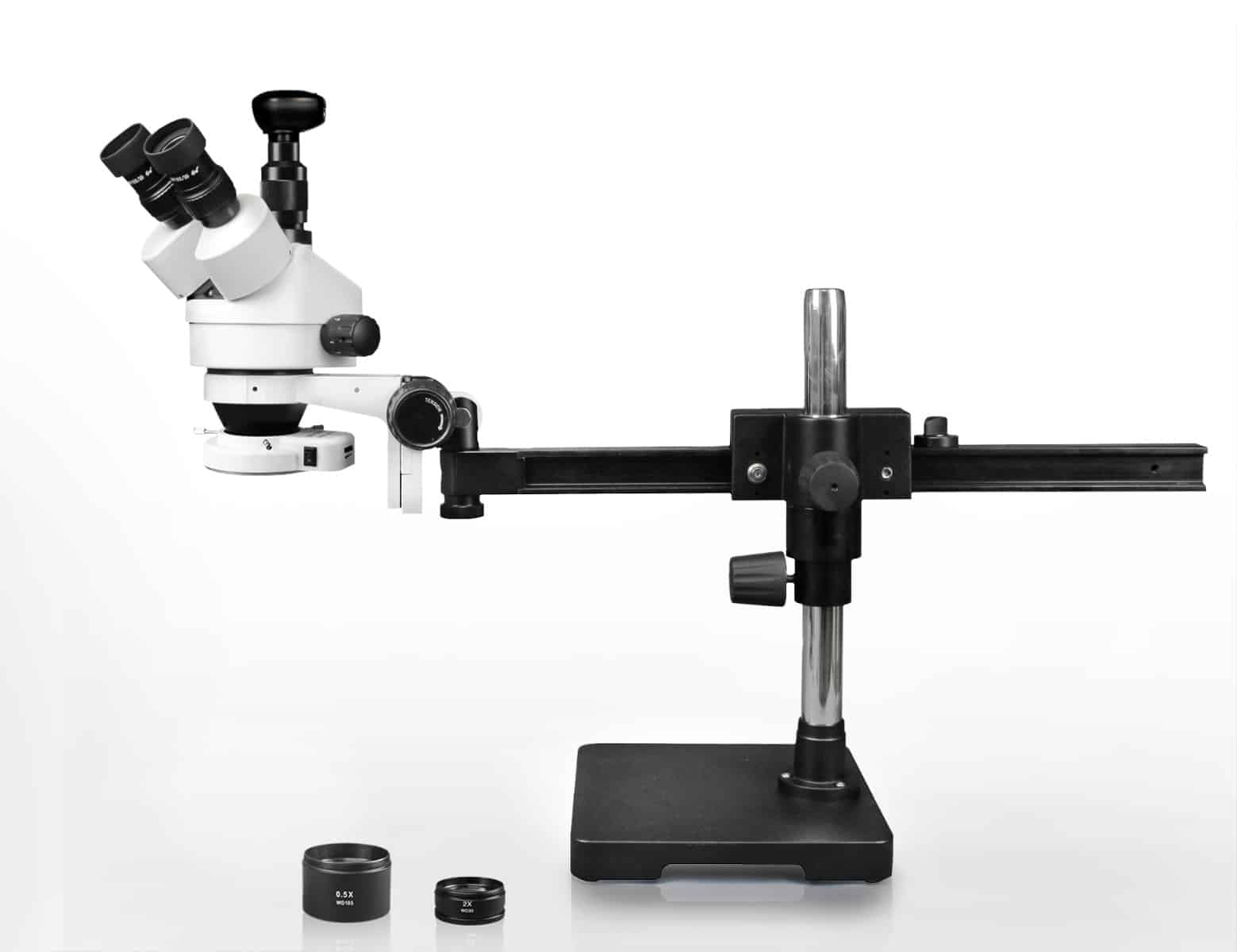 WP-2AFZ-IFR07-3N Simul-Focal Trinocular Zoom Stereo Microscope - 0.7X-4.5X Zoom Range, 0.5X & 2.0X Auxiliary Lenses, 144-LED Ring Light, 3MP Digital Eyepiece Camera
