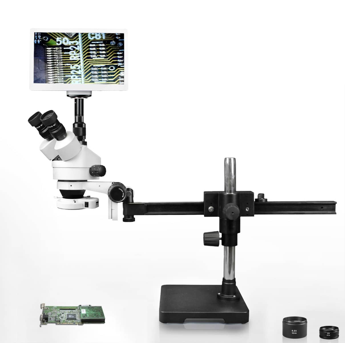 WP-2AFZ-IFR07-RET11.6 Simul-Focal Trinocular Zoom Stereo Microscope - 0.7X-4.5X Zoom Range, 0.5X & 2.0X Auxiliary Lenses, 144-LED Ring Light, 11.6" HD Retina Screen With 5MP Camera