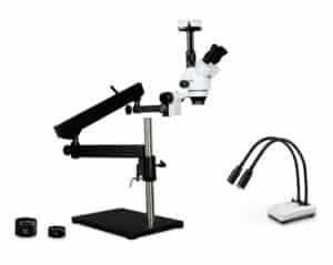WP-9FZ-IHL20-10N Simul-Focal Trinocular Zoom Stereo Microscope - 0.7X - 4.5X Zoom Range, 0.5X & 2.0X Auxiliary Lenses, Dual Gooseneck LED Light, 10MP Digital Digital Camera