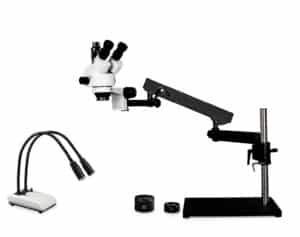 WP-9FZ-IHL20-3N Simul-Focal Trinocular Zoom Stereo Microscope - 0.7X - 4.5X Zoom Range, 0.5X & 2.0X Auxiliary Lenses, Dual Gooseneck LED Light, 3MP Digital Eyepiece Camera