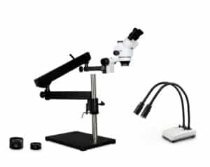 WP-9FZ-IHL20 Simul-Focal Trinocular Zoom Stereo Microscope - 0.7X - 4.5X Zoom Range, 0.5X & 2.0X Auxiliary Lenses, Dual Gooseneck LED Light