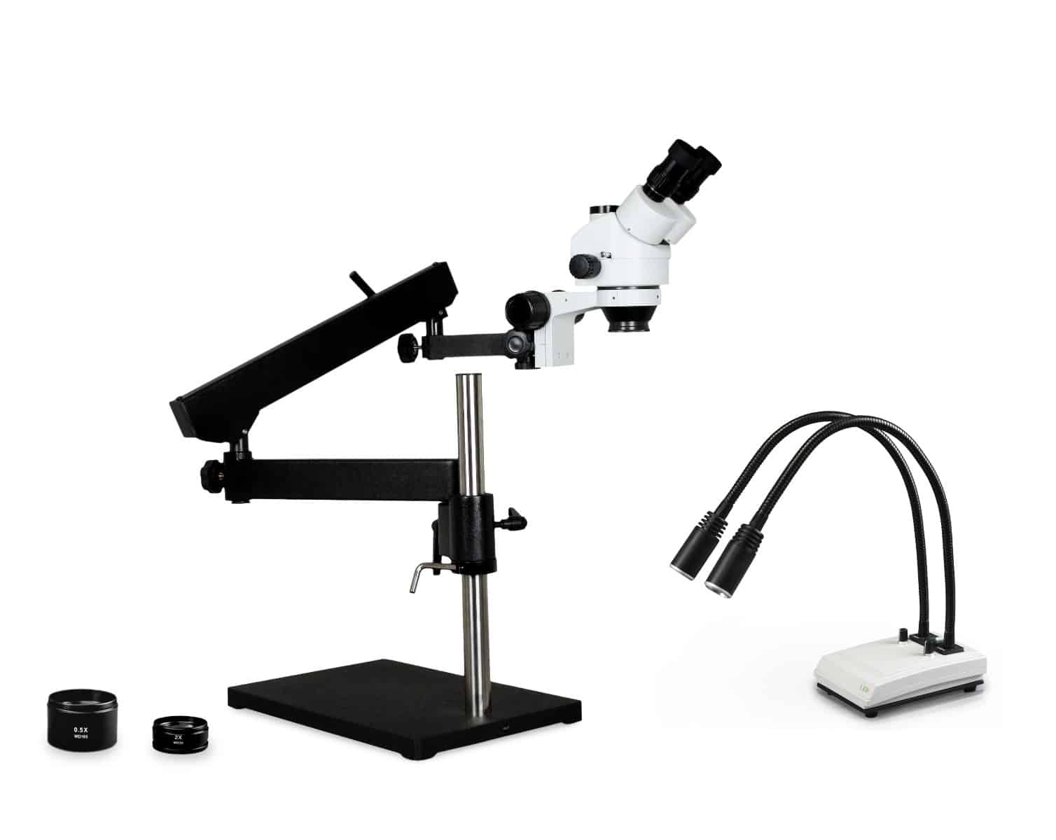 WP-9FZ-IHL20 Simul-Focal Trinocular Zoom Stereo Microscope - 0.7X - 4.5X Zoom Range, 0.5X & 2.0X Auxiliary Lenses, Dual Gooseneck LED Light