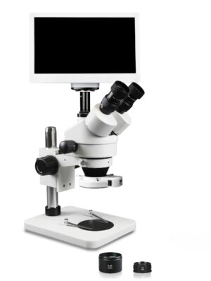 WP-1FZ-IFR07-RET11.6 Simul-Focal Trinocular Zoom Stereo Microscope - 0.7X-4.5X Zoom Range, 0.5X & 2.0X Auxiliary Lenses, 144-LED Ring Light, 11.6" HD Retina Screen with 5MP Camera