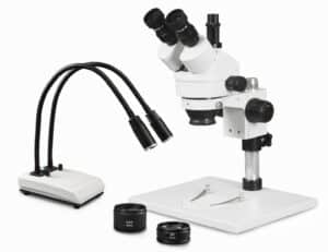 WP-1AFZ-IHL20 Simul-Focal Trinocular Zoom Stereo Microscope - 0.7X-4.5X Zoom Range, 0.5X & 2.0X Auxiliary Lenses, Dual Gooseneck LED Light