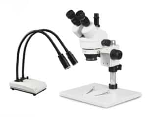 WP-1AF-IHL20 Simul-Focal Trinocular Zoom Stereo Microscope - 0.7X-4.5X Zoom Range, Dual Gooseneck LED Light