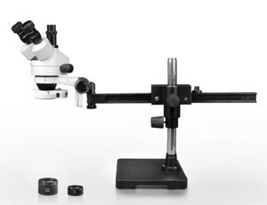 WP-2AFZ-IFR07 Simul-Focal Trinocular Zoom Stereo Microscope - 0.7X-4.5X Zoom Range, 0.5X & 2.0X Auxiliary Lenses, 144-LED Ring Light