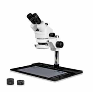 WP-10FZ-IFR07 Simul-Focal Trinocular Zoom Stereo Microscope - 0.7X - 4.5X Zoom Range, 0.5X & 2.0X Auxiliary Lenses, 144-LED Ring Light