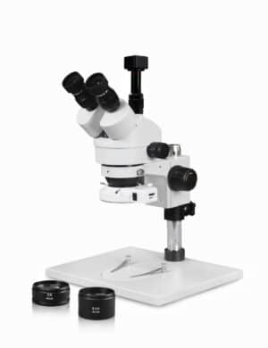 WP-1AFZ-IFR07-5N Simul-Focal Trinocular Zoom Stereo Microscope - 0.7X-4.5X Zoom Range, 0.5X & 2.0X Auxiliary Lenses, 144-LED Ring Light, 5MP Digital CMOS Camera