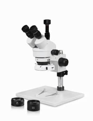 WP-1AFZ-IFR07-DNS-5.0-WH Simul-Focal Trinocular Zoom Stereo Microscope - 0.7X-4.5X Zoom Range, 0.5X & 2.0X Auxiliary Lenses, 144-LED Ring Light, 5MP WiFi Digital Camera
