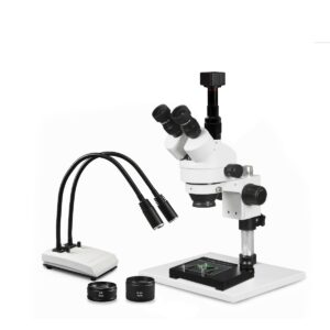 WP-1AFZ-IHL20-5N-MS Simul-Focal Trinocular Zoom Stereo Microscope - 0.7X-4.5X Zoom Range, 0.5X & 2.0X Auxiliary Lenses, Mechanical Stage, Dual Gooseneck LED Light, 5MP Digital CMOS Camera