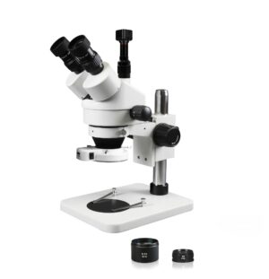 WP-1FZ-IFR07-DNS-5.0-WH Simul-Focal Trinocular Zoom Stereo Microscope - 0.7X-4.5X Zoom Range, 0.5X & 2.0X Auxiliary Lenses, 144-LED Ring Light, 5MP WiFi Digital Camera