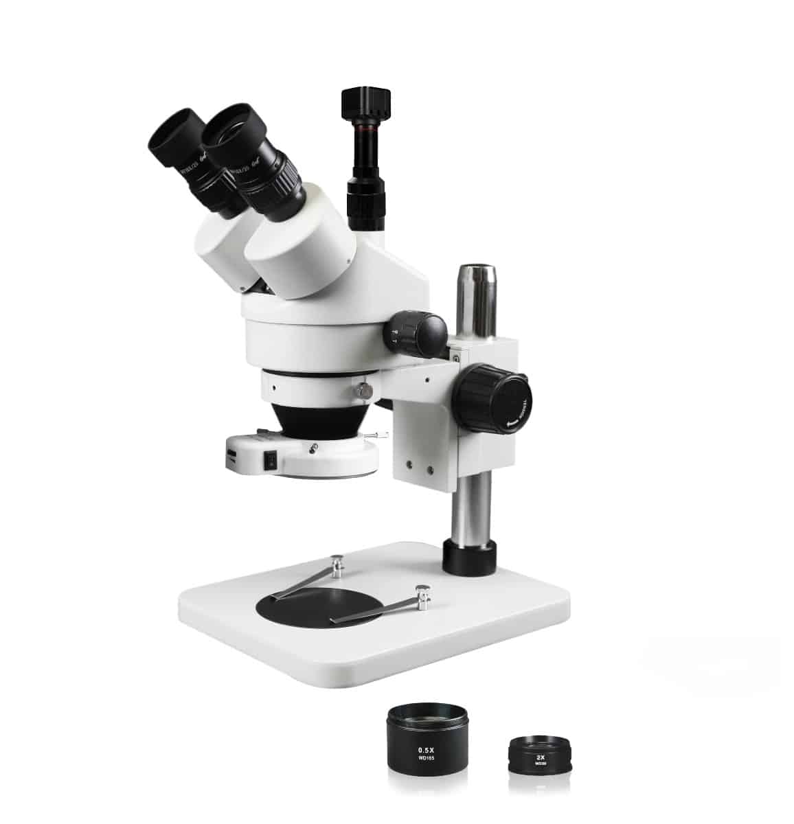 WP-1FZ-IFR07-DNS-5.0-WH Simul-Focal Trinocular Zoom Stereo Microscope - 0.7X-4.5X Zoom Range, 0.5X & 2.0X Auxiliary Lenses, 144-LED Ring Light, 5MP WiFi Digital Camera