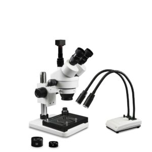 WP-1FZ-IHL20-5N-MS Simul-Focal Trinocular Zoom Stereo Microscope - 0.7X-4.5X Zoom Range, 0.5X & 2.0X Auxiliary Lenses, Dual Gooseneck LED Light, 5MP Digital CMOS Camera, Mechanical Stage