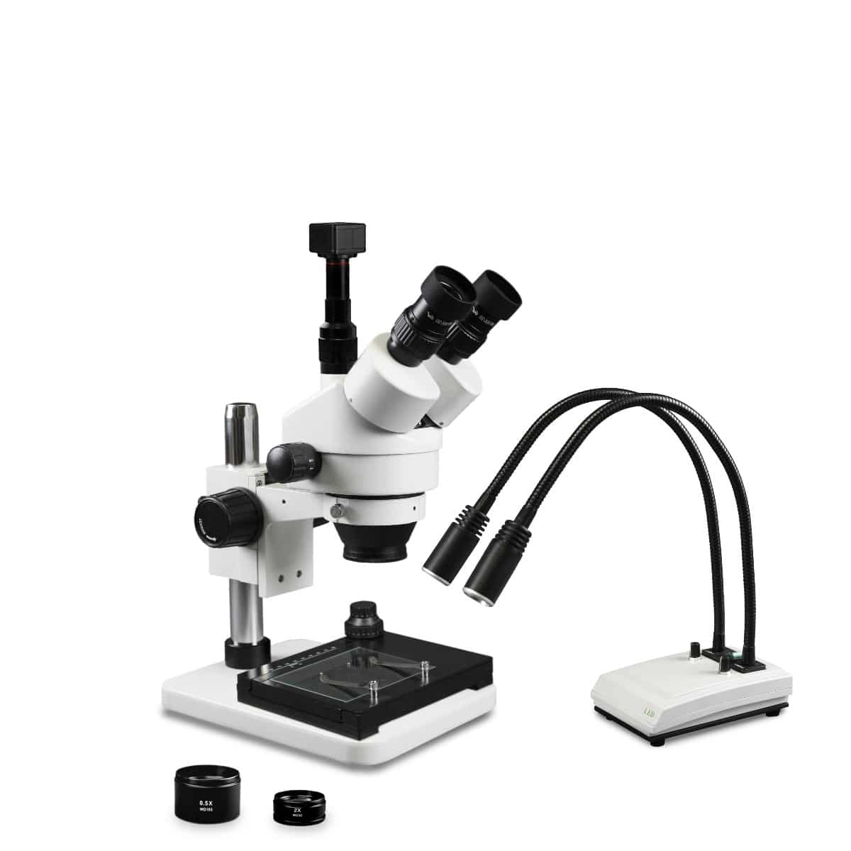WP-1FZ-IHL20-5N-MS Simul-Focal Trinocular Zoom Stereo Microscope - 0.7X-4.5X Zoom Range, 0.5X & 2.0X Auxiliary Lenses, Dual Gooseneck LED Light, 5MP Digital CMOS Camera, Mechanical Stage