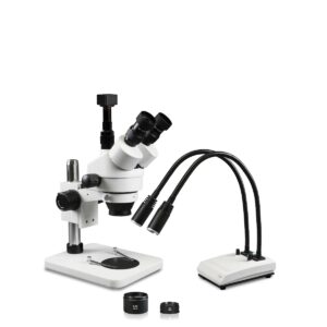 WP-1FZ-IHL20-5N Simul-Focal Trinocular Zoom Stereo Microscope - 0.7X-4.5X Zoom Range, 0.5X & 2.0X Auxiliary Lenses, Dual Gooseneck LED Light, 5MP Digital CMOS Camera