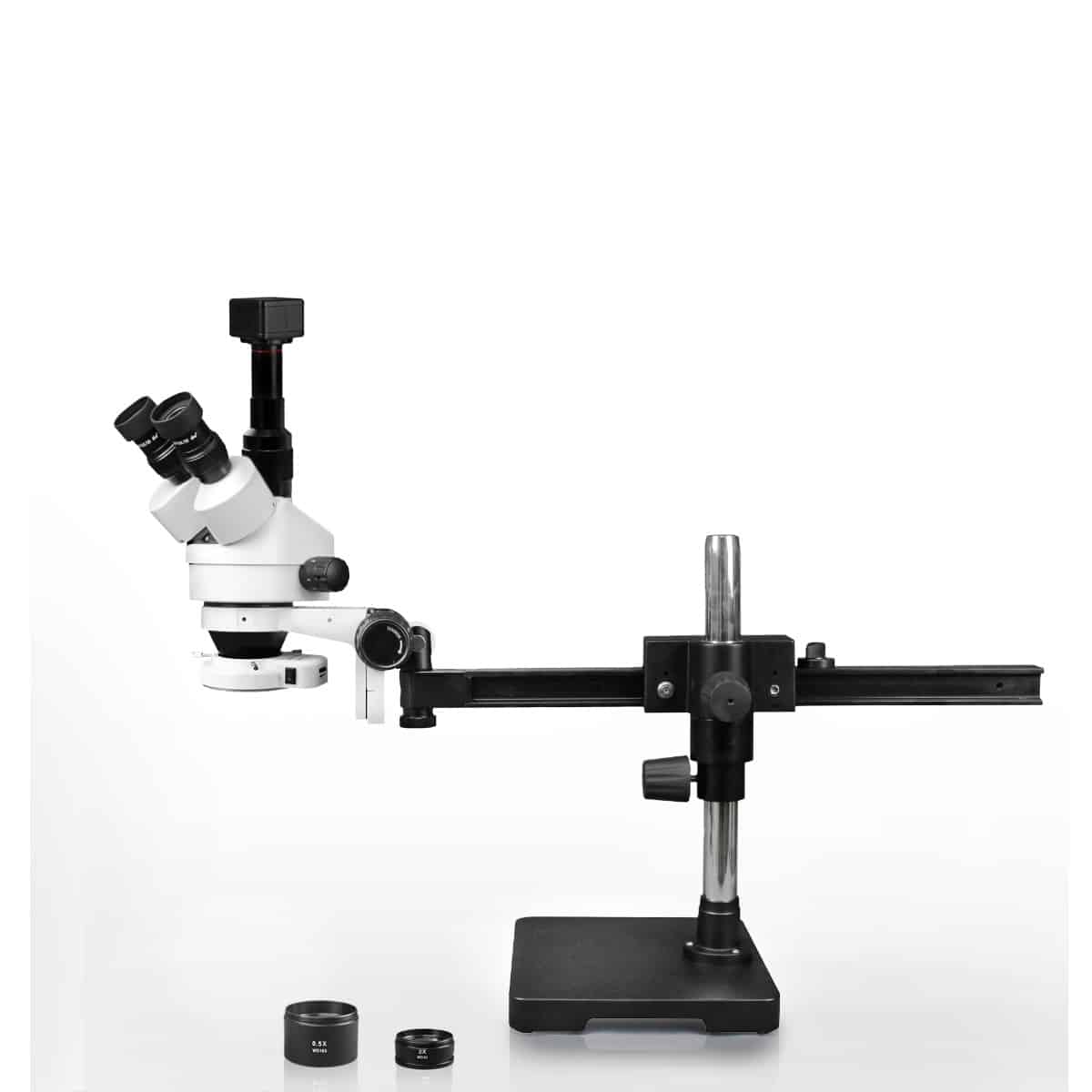 WP-2AFZ-IFR07-5N Simul-Focal Trinocular Zoom Stereo Microscope - 0.7X-4.5X Zoom Range, 0.5X & 2.0X Auxiliary Lenses, 144-LED Ring Light, 5MP Digital CMOS Camera
