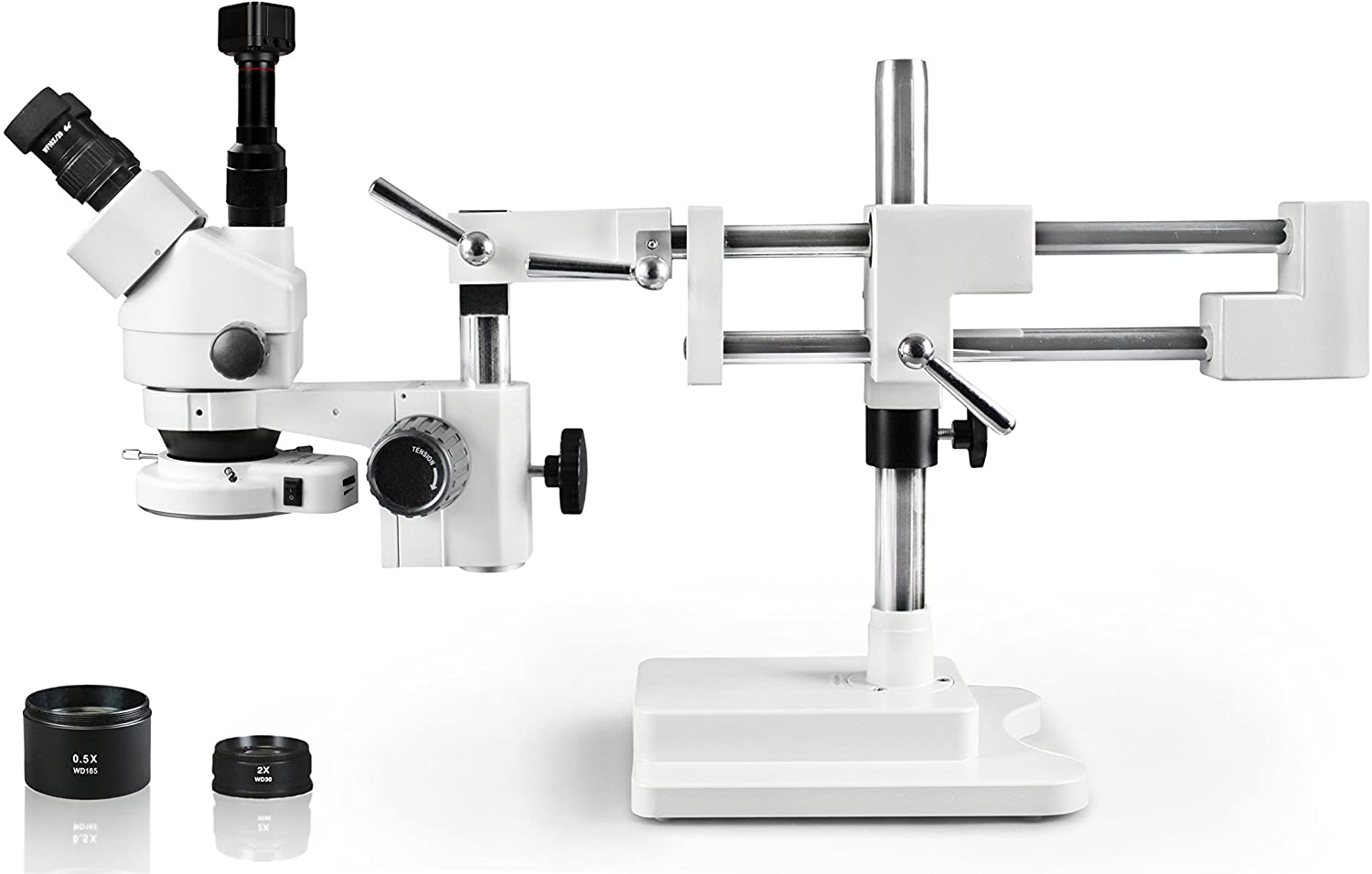WP-5FZ-IFR07-DNS-5.0-WH Simul-Focal Trinocular Zoom Stereo Microscope - 0.7X - 4.5X Zoom Range, 0.5X & 2.0X Auxiliary Lenses, 144-LED Ring Light, 5MP WiFi Digital Camera