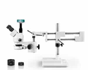 WP-5FZ-IFR07-DNS3609 Simul-Focal Trinocular Zoom Stereo Microscope - 0.7X - 4.5X Zoom Range, 0.5X & 2.0X Auxiliary Lenses, 144-LED Ring Light, 2MP High Definition Digital Camera