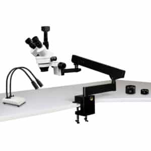 WP-7FZ-IHL20-5N Simul-Focal Trinocular Zoom Stereo Microscope - 0.7X - 4.5X Zoom Range, 0.5X & 2.0X Auxiliary Lenses, Dual Gooseneck LED Light, 5MP Digital CMOS Camera
