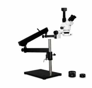 WP-9FZ-IFR07-5N Simul-Focal Trinocular Zoom Stereo Microscope - 0.7X - 4.5X Zoom Range, 0.5X & 2.0X Auxiliary Lenses, 144-LED Ring Light, 5MP Digital CMOS Camera