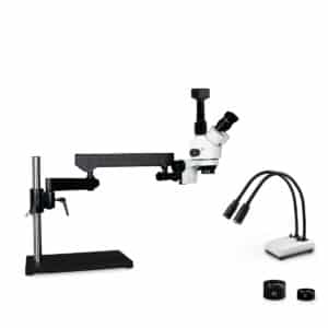 WP-9FZ-IHL20-5N Simul-Focal Trinocular Zoom Stereo Microscope - 0.7X - 4.5X Zoom Range, 0.5X & 2.0X Auxiliary Lenses, Dual Gooseneck LED Light, 5MP Digital CMOS Camera